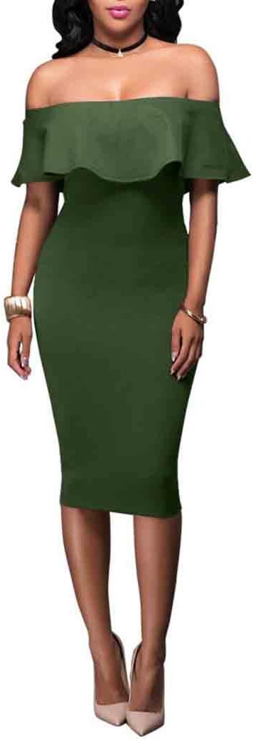Evensleaves Women's Sexy Slash Neck Off Shoulder Slim Body Con Pencil Dress (Small, Army Green)