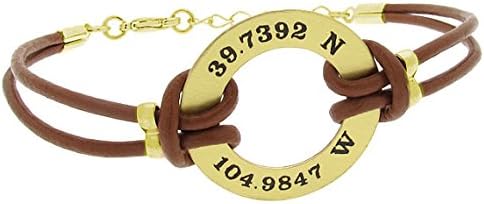 Bracelet with Gold Washer - GPS Latitude Longitude Engraved Cuff Bracelet - Leather Cord Band for Men - Groomsmen Gift