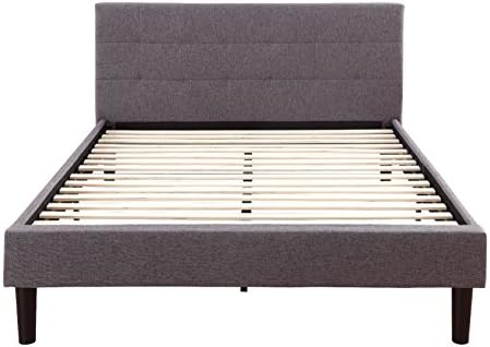Grey Linen Fabric Upholstered Platform Bed with Wooden Slats, Full