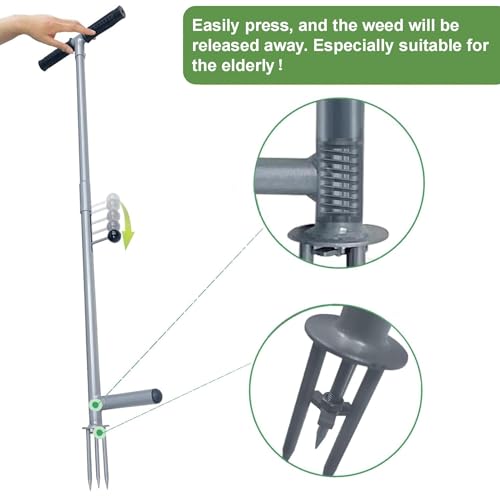 LEHDE Heavy Duty Stand Up Weed Puller Tool - 38” Long Handle 3-Claw Weeder, No Bending Weed Remover for Garden & Lawn with Easy Eject Mechanism