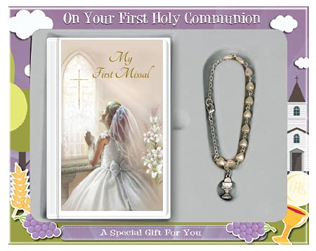 Girls First Holy Communion Hardback Missal, Heart Pearl Bracelet and Prayer Card/Book Mark for her