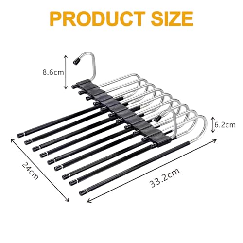 2 Pack Upgrade 9 Layers Pants Hangers Space Saving, Non-Slip Clothes Hangers for Wardrobe, Multifunctional Clothing Rack for Closet Storage, Ideal for Jeans, Pants, Skirts, Scarves & Slacks (Black)
