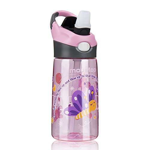 mountop Sports Water Bottle for Kids with Pop-up Straw and Clip Handle, Non-Toxic & Eco-Friendly 0.4L 14 oz(School Girl, Sakura Pink, Little Butterfly and Flower)