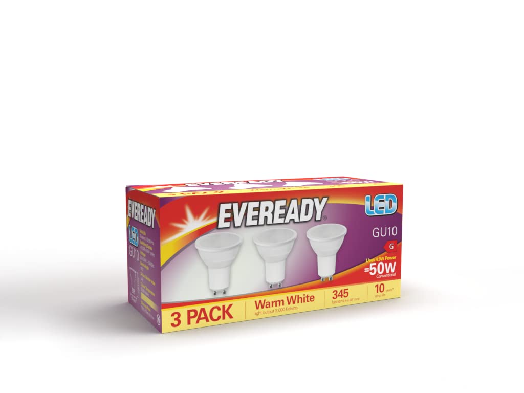 Eveready Pack of 3 LED GU10 Warm White Spotlights - 3000k, 345 Lumens, for Replacing Halogen Bulbs