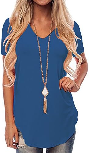 Ladyzone Women's Casual Short Sleeve Solid V-Neck T-Shirt Tops Loose Blouse Shirts (X-Large, RoyalBlue)