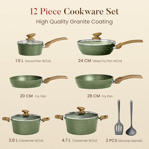 Kitchen Academy 12-Piece Induction Frying Pan and Saucepan Set, Green with Lids, Non-Stick Coating
