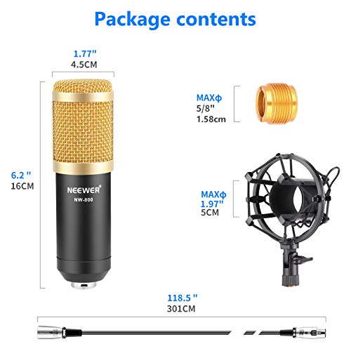 Neewer® NW-800 Professional Studio Broadcasting & Recording Microphone Set Including (1)NW-800 Professional Condenser Microphone + (1)Microphone Shock Mount + (1)Ball-type Anti-wind Foam Cap + (1)Microphone Power Cable (Black)