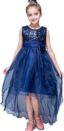 Azhido Kids Flower Sequins Occasion Tailing Dress Girls Pageant Size 6 To 12 (10, Dark Blue)