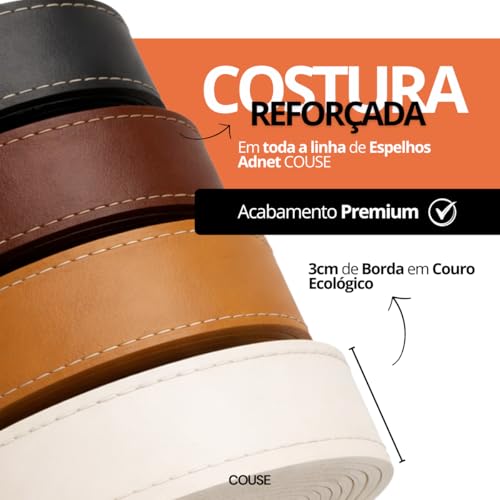 Espelho Decorativo Orgânico Adnet Suspenso com Suporte de Parede Costurado em Couro Ecológico para Banheiro Quarto Sala 60x40cm (Preto)