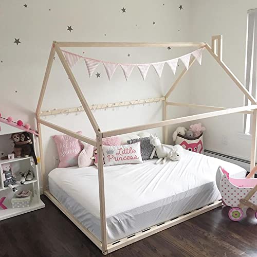 Queen size Montessori floor level bed, Montessori toddler house shaped bed frame with slats