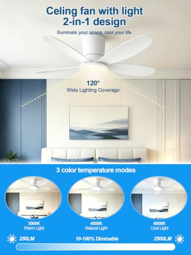 AILRINNI Ventilateur de Plafond 107 CM avec Lumière RGB, Bas Profil Encastrable, Télécommande et APP, 5 Pales Réversibles, RGB+3 Températures de Couleur, Dimmable Ventilateur LED pour Salon Chambre