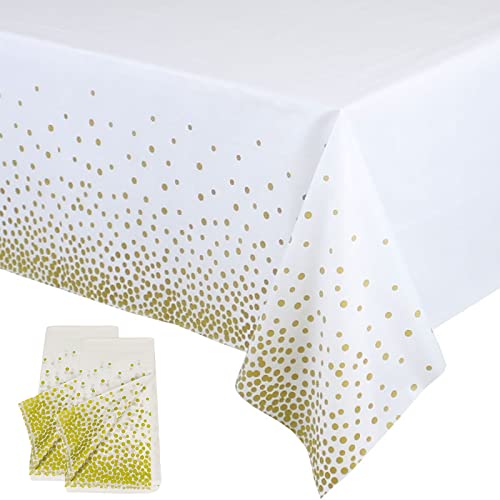 2Pcs 137*274cm White and Gold Disposable TableCloth Table Covers,Party Dot Confetti Rectangular Tablecover Plastic Tablecloths for Picnic,Baby Shower,Wedding,Christmas,Birthday Parties Decorations