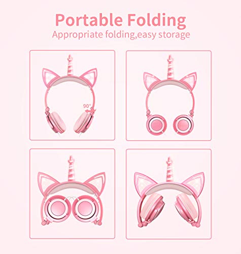 Unicorn Kids Headphones with Microphone, Over-Ear Cat Headphones Wired for Girls Boys Adjustable Foldable 85dB Volume Limited Headset School Travel (Peach)