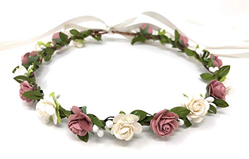 Daddasprincess flower girl crown burgundy bride headband wedding hair wreath women headpiece (Dusty rose and ivory)