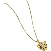 DIAMANTIO 18K Gold Plated Panther Head Pendant Necklace with Green Eyes CZ and Black Crystal Accents