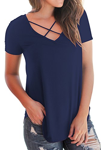 Niashot Women's Plus Size Tunic Tops Short Sleeve Tunic Shirt Blouse Navy Blue L