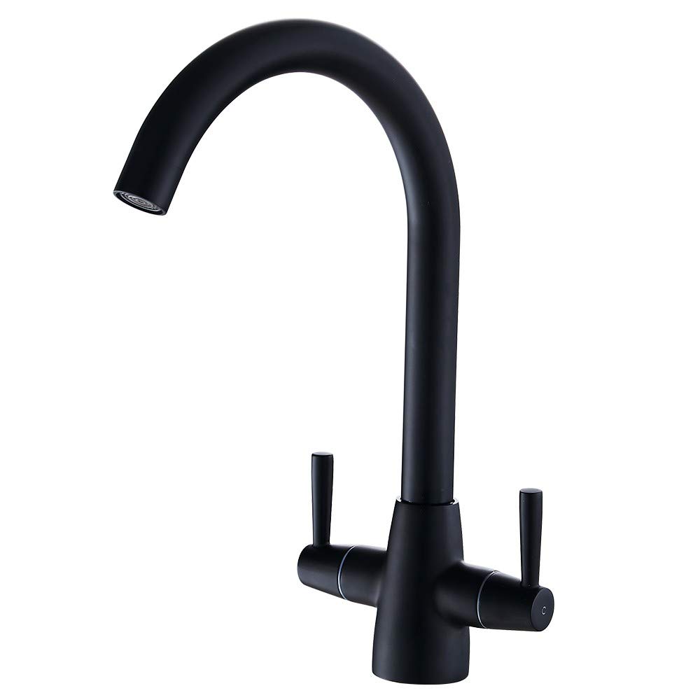 Heable Matte Black Kitchen Mixer Tap Dual Lever Swivel Spout Brass Sink Taps with UK Standard Fittings