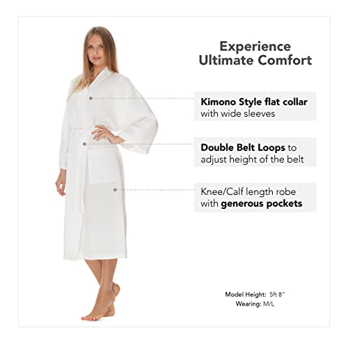 Waffle Robe for Women by BOCA TERRY, Waffle Knit Robe, Long Cotton Kimono Hotel Bathrobe, White