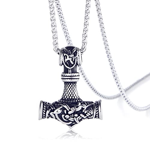 KOMI Norse Viking Thor's Hammer Talisman Necklace, Stainless Steel Viking Necklace with Gift Packaging