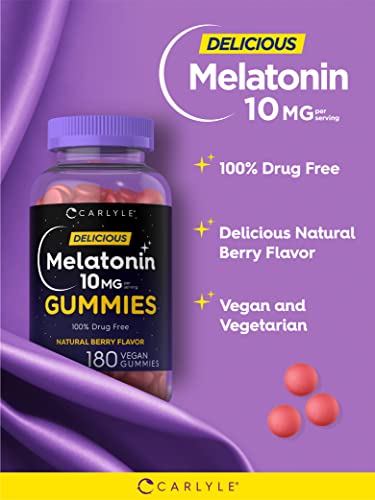 Melatonin Gummies 10mg | 180 Count | Adult Drug Free Aid | Natural Berry Flavor | Vegan, Non-GMO, Gluten Free | by Carlyle