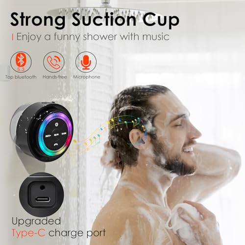XLeader Shower Speaker, Upgraded,Certified IPX7 Waterproof, Mini Bluetooth Wireless Small Speaker with Lights, Suction Cup and Mic for Bathroom, Crystal Sound&Bass,12H Playtime, Ideal Electronic Gifts
