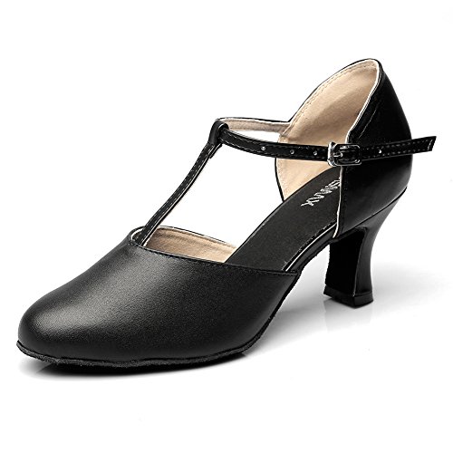 MSMAX Womens Black Leather 2.75"Heel Latin Social Dance Shoe