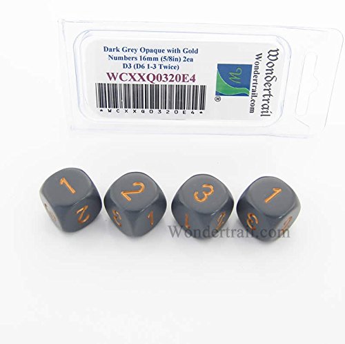 Dark Grey Opaque Dice with Gold Numbers D3 (D6 1-3 Twice) 16mm (5/8in) Pack of 4 Wondertrail