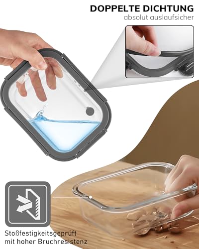 BOROHOUSE 5 Pack Borosilicate Glass Containers with Tempered Lid, 1040 ml/4.4 Cups, Airtight Meal Prep Set, Microwave/Freezer Safe/Ovenproof -20℃~510℃, Grey