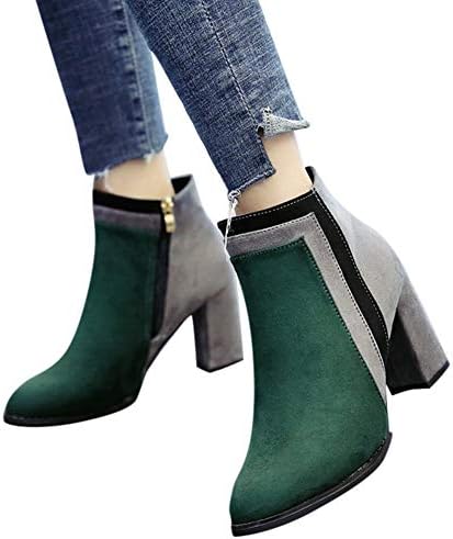 Women Ankle Booties Patchwork Round Toe Rivets Studded Slip-On Suede Boots Chunky Heel Shoes by Lowprofile Black