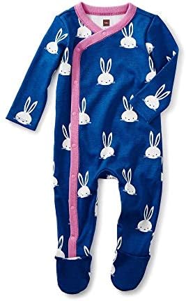 Tea Collection Footed Romper, Bunnies, Blue Background with Pink Trim and White Bunnies