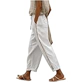 Kubsid Women Linen Pants Summer Casual Drawstring Elastic Waist Pants Lightweight Capris Beachwear