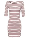 Basic Every Day Boat Neck Stripe 3/4 Sleeve Dress Mauve White S