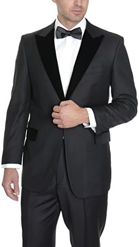 Modern Fit Solid Black One ButtonWool Blend Tuxedo Suit With Peak Lapels