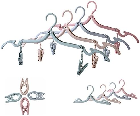 Toolist Environmental Folding Plastic Hangers (12 Pack with 24 Hanger Clips) Travel Home Camping Mini Non-slip Clothes Shirts Sweaters Dress Hanger Hook Drying Rack (Pink, Blue, Beige, Green)