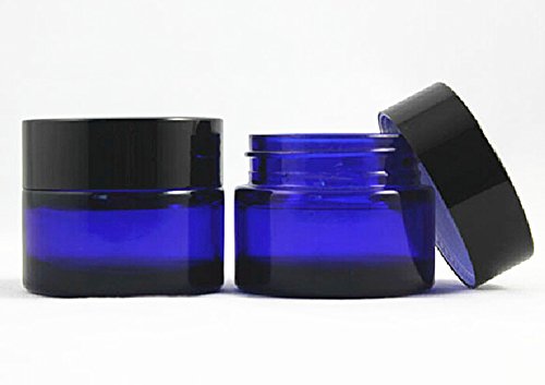 Blue Heavywall Glass 2 oz Amber Salve Jar w/ Black Lid 4 pk