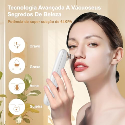 Sugador de Cravos, Máquina de Beleza para Remoção de Acne com 3 Modos e 6 Pontas de Sucção, Branco