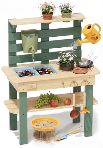 Lehoo Castle Wooden Outdoor Mud Kitchen for Children, Play Kitchen with Real Sink Kitchen Accessories, Garden Toy for Cooking, Casting, Sensory Play, Montessori Learning Toy from 3 Years