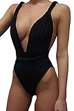 Kisscy Women's Deep V Neck Twisted Straps One Piece Monokini Swimsuit Solid Black