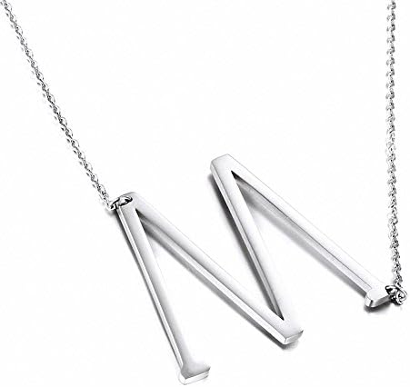Jwoolw Stainless Steel Silver Sideways Big Initial Alphabet 26 Letters Name Pendant Chain Necklace From A-Z for Girls (Style M)