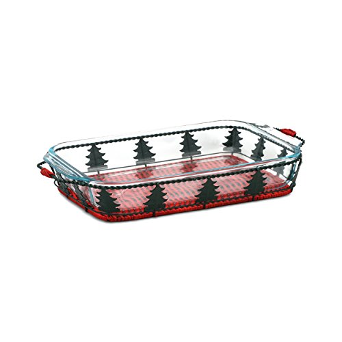 Pyrex 3 Quart Oblong Baking Dish, with Wicker & Metal Evergreen Tree Basket Christmas Serveware Set, Limited Edition