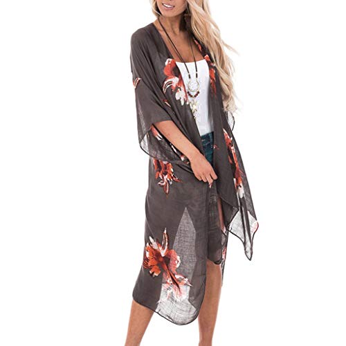 DONTAL Womens Ladies Floral Print Cardigan Long Blouse Loose Tops Long Outwear Cover Up Black
