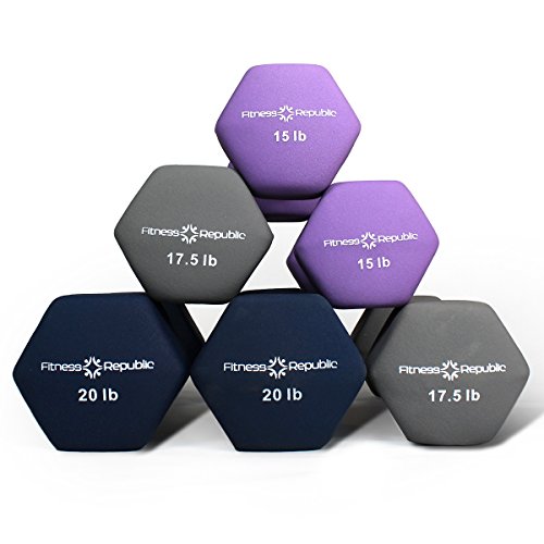 Fitness Republic Solid Steel Dumbbell Rack Holder, A-Frame Dumbbell Storage Racks, Free Weights Stand for Home Gym Exercise, Neoprene Dumbbells Pairs (15lb, 17.5lb & 20lb) with 3 Tier Rack Combo