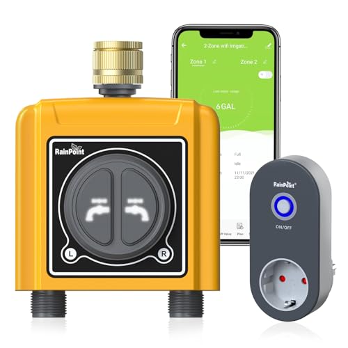 RAINPOINT WiFi 2 Way Watering Timer, Brass Inlet, Smart Watering Control Unit with App/Voice Control, Soil/Weather Humidity Based Irrigation for Lawn/Garden/Greenhouse