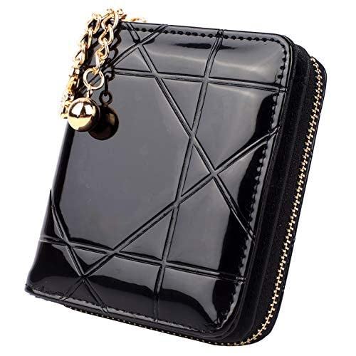 HXT-OAK PU Shiny Patent Leather Women's Wallet with Trefoil Pendant 8 Card Slots and Zip Coin Organizer Black
