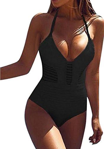 Women's Sexy V Neck Halter Hollow Out One Piece Beachwear Swimsuits (Medium, Black)