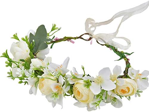 Vivivalue Boho Flower Headband Hair Wreath Floral Garland Crown Halo Headpiece with Ribbon Wedding Festival Party