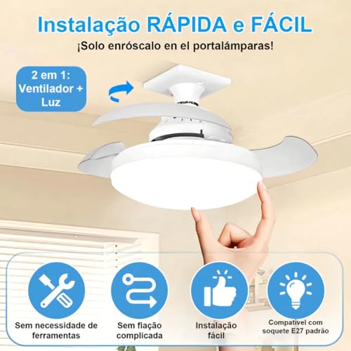 Ventilador de Teto com Controle Remoto Pás Retráteis E27 LED 18W 3 Cores 4 Velocidades Motor Brushless 85-265V