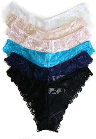 JUSOE 6 Pack Women's Lace Thong Panties Hipster Bikini Underwear Plus Size, Black/Navy Blue/White/Beige/Turquoise/Pink, Small