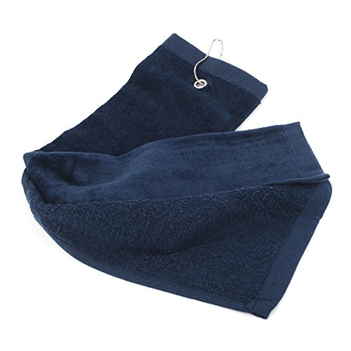 Flammi Tri-Fold Cotton Golf Sports Towel with Grommet Include Metal Clip, 16" x 25" (Navy Blue)