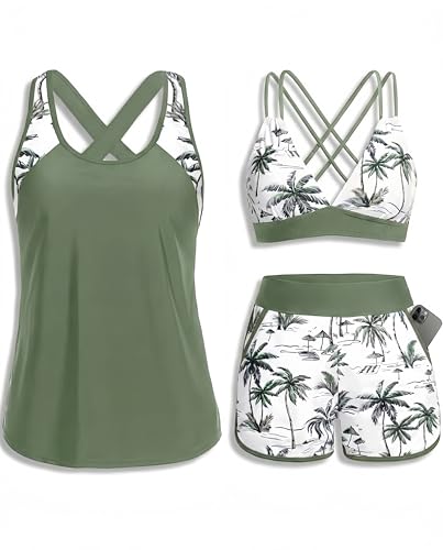 Women's 3 Piece Tankini Swimsuit Tummy Control with Bra Pocket Boy Shorts | Modest Bathing Suit, Athletic Style, Strappy-Back Support, High-Waist Fit, Built-In Brief, Side Pockets, Beach Swim Days